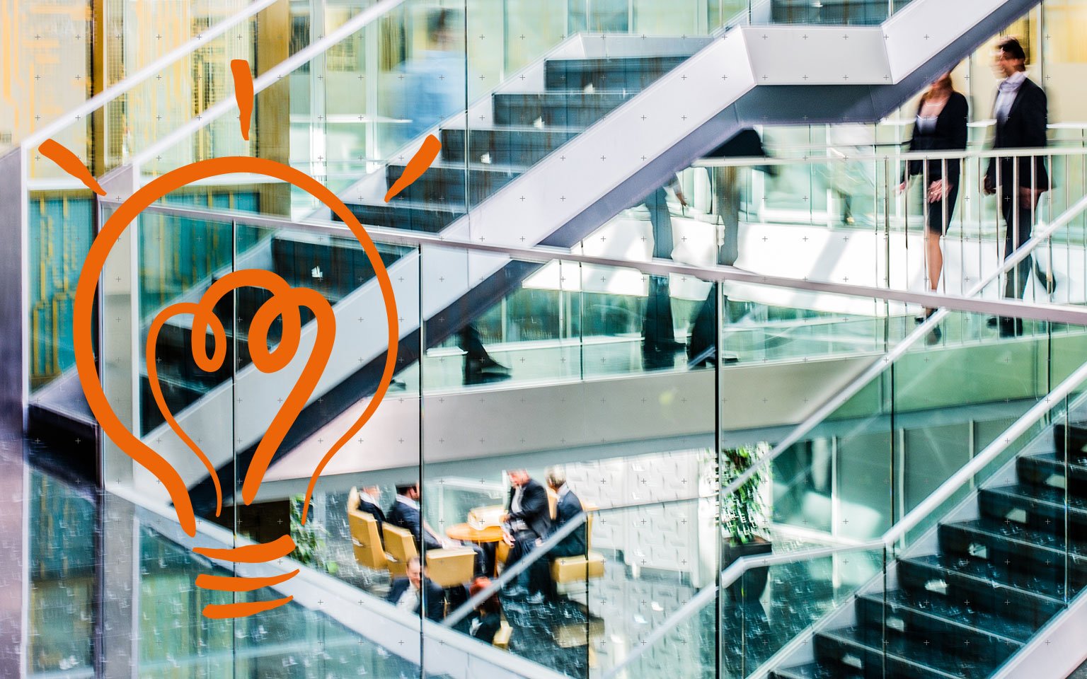 long shot of stairs in a glass office