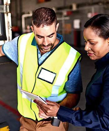 Förbered er på att undvika risker woman showing tablet to man in high-vis