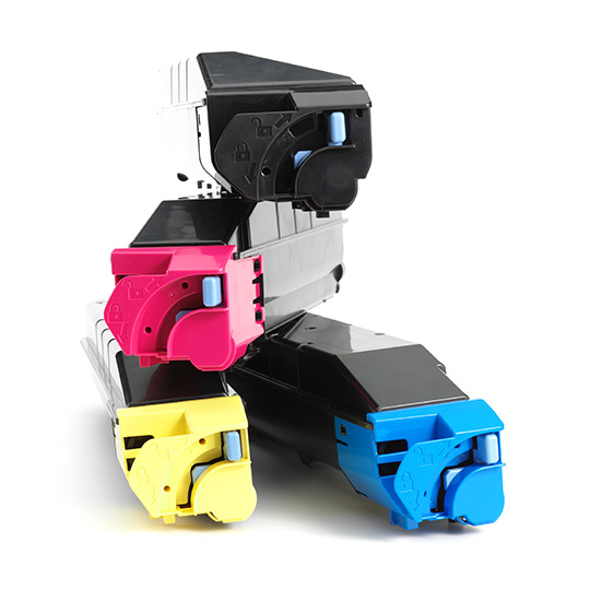 black, magenta, yellow and cyan toners stacked on top of one-another