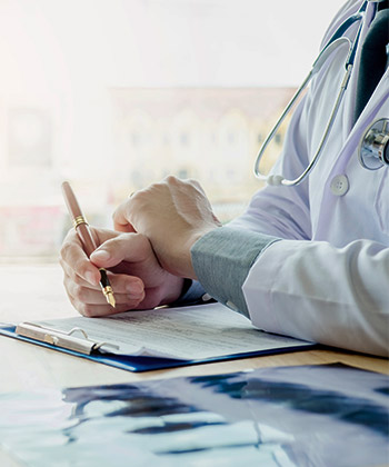 close up of doctor's hands writing